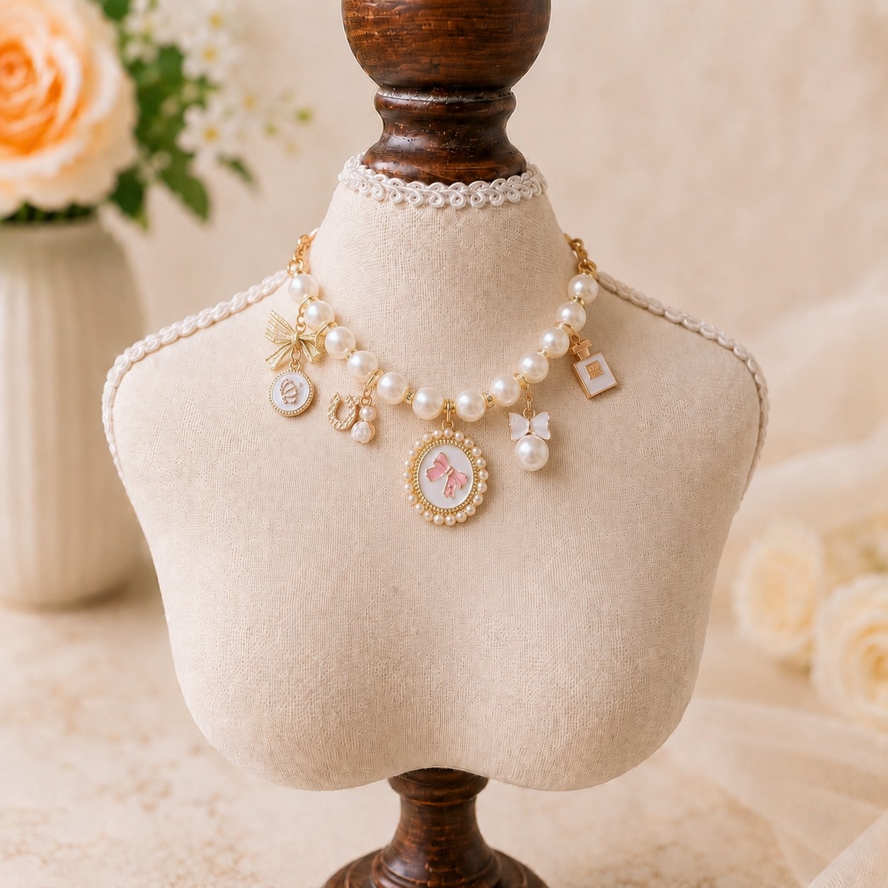 κολιε_σκυλου_charms_ροζ Luxury Κολιέ Σκύλου με Πέρλες & Ροζ Charm “Princess Pearl” 🎀✨ - Image 1