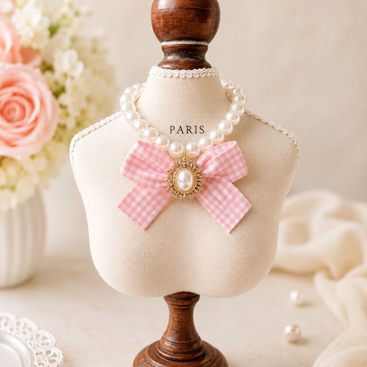 κολιε_σκύλου_με_πέρλες_και_ροζ_φιόγκο Princess Pearl – Κολιέ με Πέρλες & Ροζ Φιόγκο - Image 1