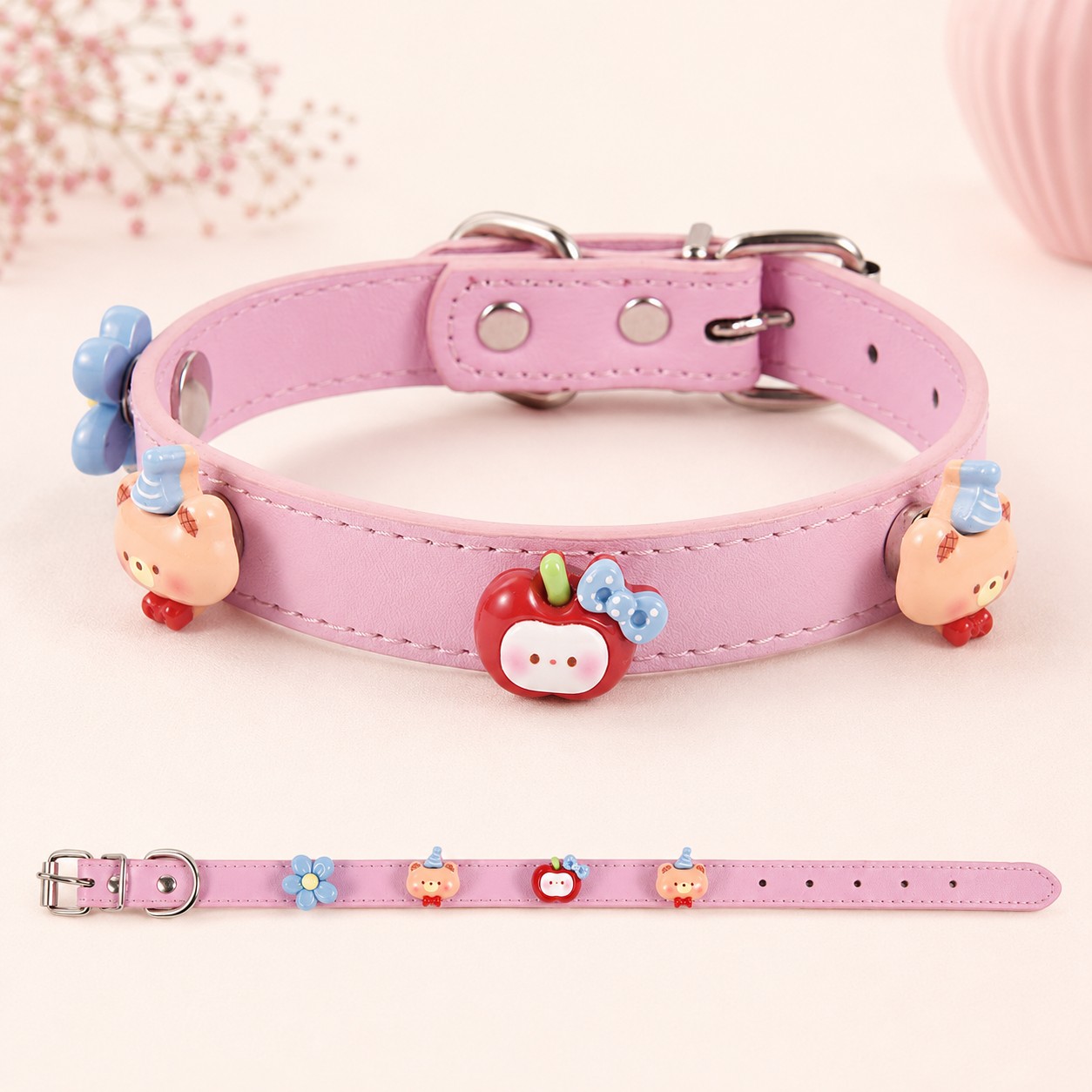 perilaimio_skylou_me_diakosmitika_animations_roz Ροζ Περιλαίμιο Σκύλου Apple & Teddy | Luxury Dog Collar | Dogmama - Image 1