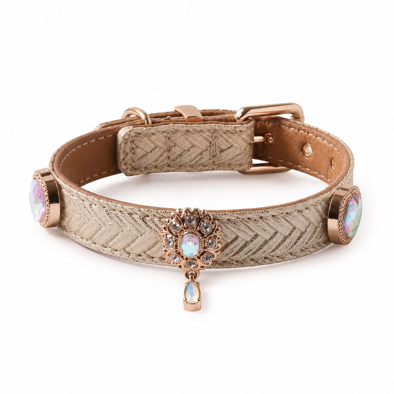 perilaimio_skylou_stras_petres.mpez Περιλαίμιο Σκύλου Princess Crystal Μπεζ με Κρύσταλλα & Χρυσές Λεπτομέρειες - Image 1